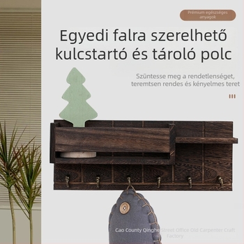 Két szintes falra szerelhető tömörfa kulcstartó és ruhatartó akasztókkal – előszobai tároló
