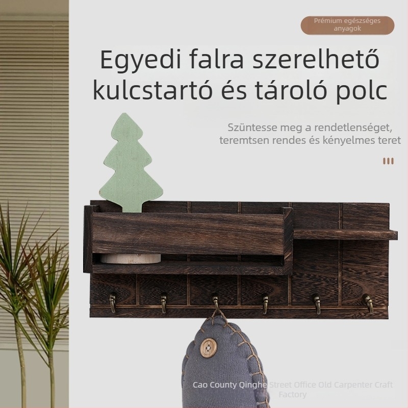 Két szintes falra szerelhető tömörfa kulcstartó és ruhatartó akasztókkal – előszobai tároló