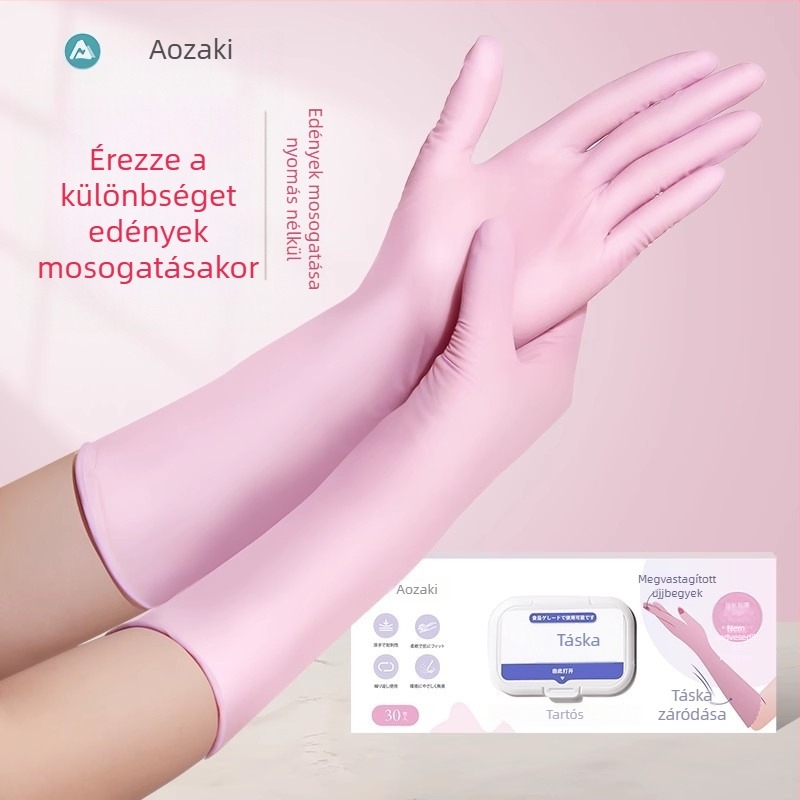 Nitril háztartási kesztyűk edények mosásához, tartósak, vízállóak, egyszer használatosak, élelmiszer-minőségű, hosszított hosszúságú