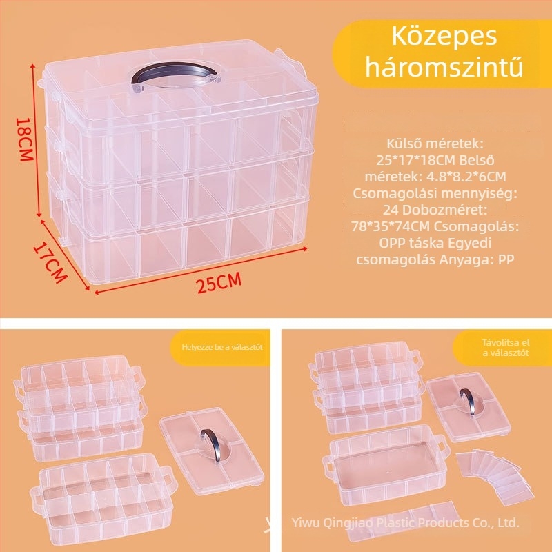 Háromszintes, egymásra rakható műanyag játékok tároló doboz gyerekeknek, átlátszó fedéllel
