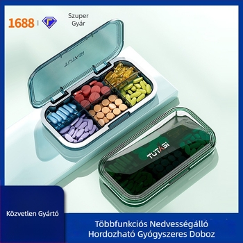 Hordozható hét napos tablettatartó, osztott rekeszekkel, nedvességálló, kompakt gyógyszer-tároló.
