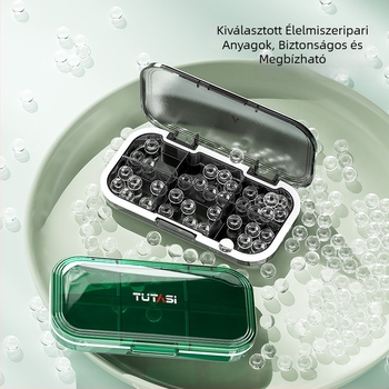 Hordozható hét napos tablettatartó, osztott rekeszekkel, nedvességálló, kompakt gyógyszer-tároló.