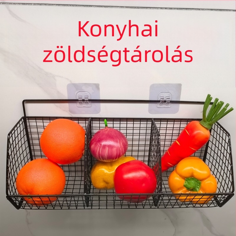 Vasból készült, falra szerelhető fokhagyma és gyömbér tároló polc