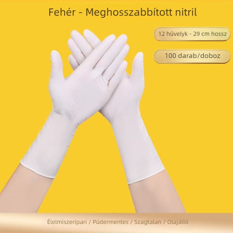 Egyszer használatos nitril kesztyűk, 12 hüvelyk, fehér, meghosszabbított és vastagított, pormentes, olaj- és vízálló, sav- és lúgálló, magas rugalmasságú