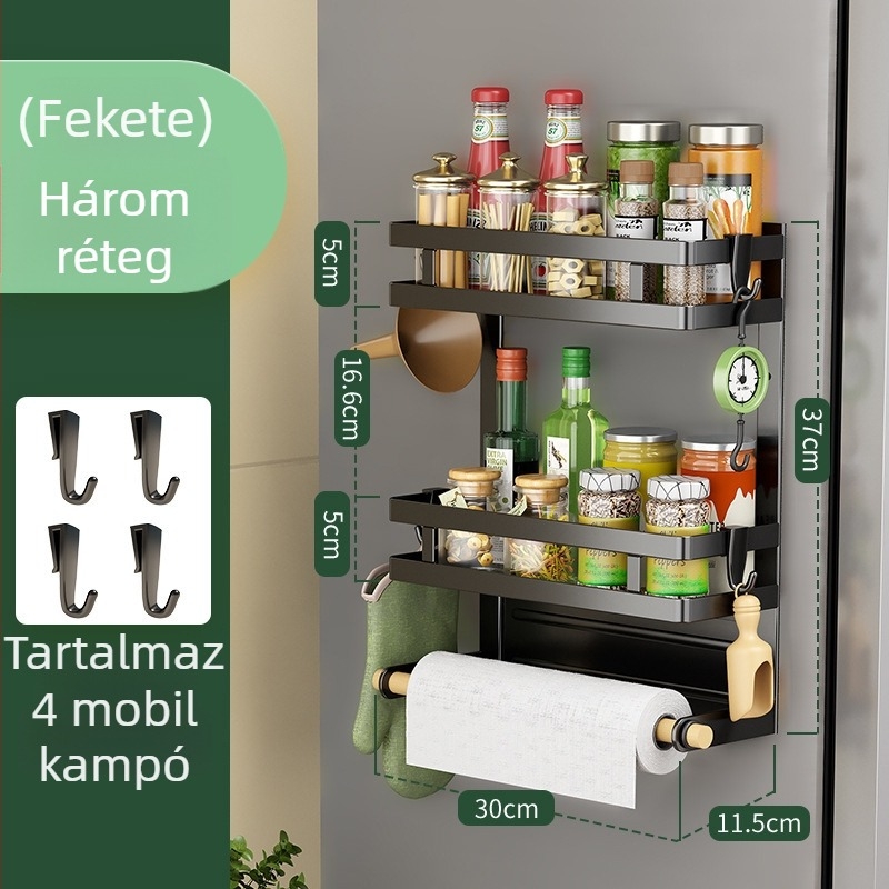 Mágneses konyhai polc a hűtő oldalán, rozsdamentes acélból készült, többszörös funkciójú, fúrás nélküli tároló