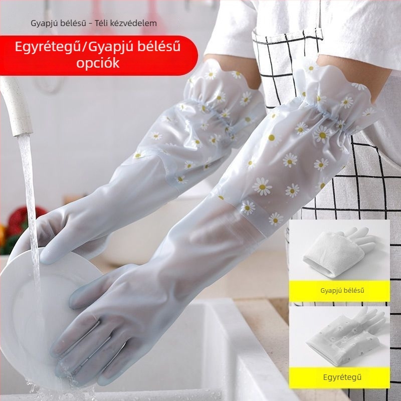 Polár béléses latex mosogató kesztyűk, tartósak, hosszúak, vastagabbak, téli háztartási feladatokra