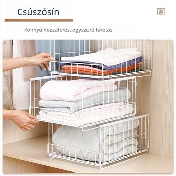 Ruhásszekrény rétegezett elválasztókkal, beépített tárolópolccal és fiókkal, vasból