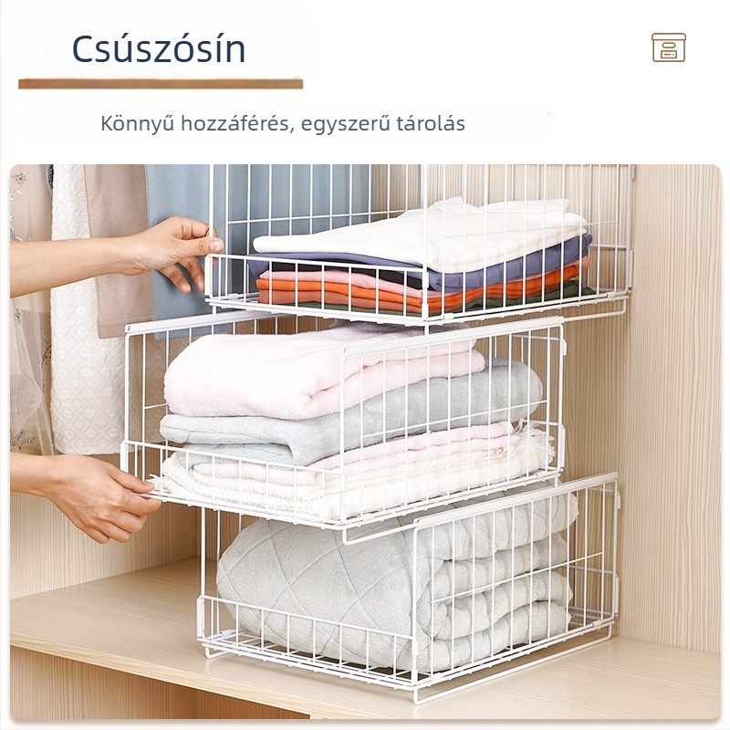 Ruhásszekrény rétegezett elválasztókkal, beépített tárolópolccal és fiókkal, vasból