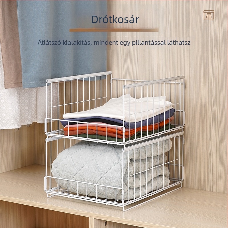 Ruhásszekrény rétegezett elválasztókkal, beépített tárolópolccal és fiókkal, vasból