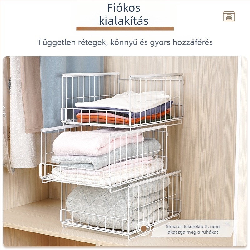 Ruhásszekrény rétegezett elválasztókkal, beépített tárolópolccal és fiókkal, vasból