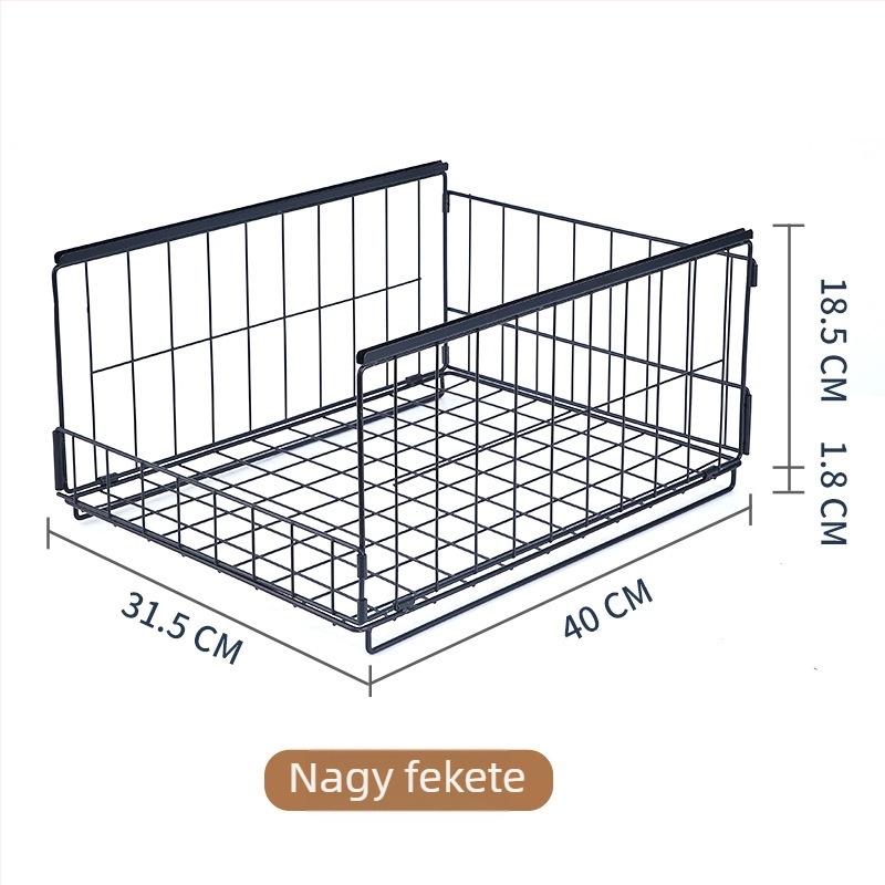 Ruhásszekrény rétegezett elválasztókkal, beépített tárolópolccal és fiókkal, vasból