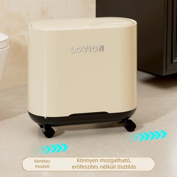 Keskeny térhez tervezett szemetes nyomógombos fedővel, 360° forgó kerekekkel, elegáns kialítás fürdőszoba, nappali és konyha számára