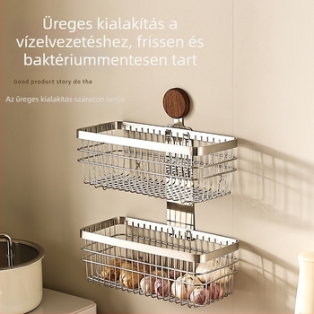 Diófából készült, falra szerelhető konyhai tárolókosár – zöldhagymára, gyömbérre és fokhagymára, fúrás nélkül, multifunkcionális zöldség- és gyümölcstartó