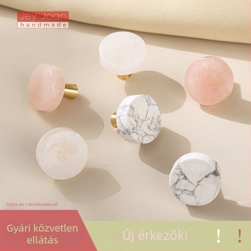 Egyedi kerek fogantyú bútorhoz, természetes kő és sárgaréz, fehér, egy lyukkal, skandináv stílusban