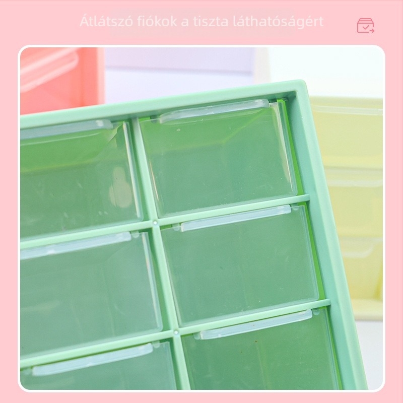 Kilenc rekeszes asztali gyöngytároló doboz, fiókos kialakítású, átlátszó ékszer rendező