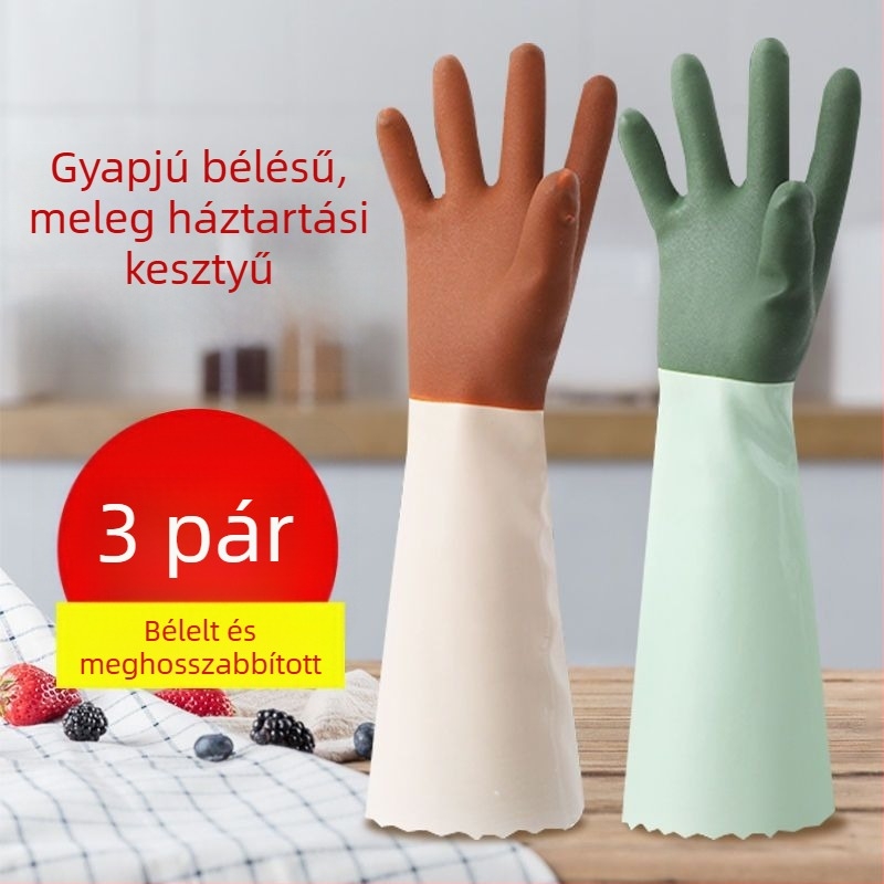 Konyhai latex kesztyűk háztartási feladatokra velúr béléssel, télen tartósak, hosszított mosogatós kesztyűk