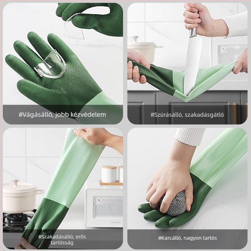 Konyhai latex kesztyűk háztartási feladatokra velúr béléssel, télen tartósak, hosszított mosogatós kesztyűk