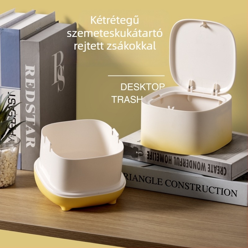 Fedeles mini asztali szemetes, négyzetes, kétszintes dizájn, iroda és otthon számára, aranyos kreatív stílus