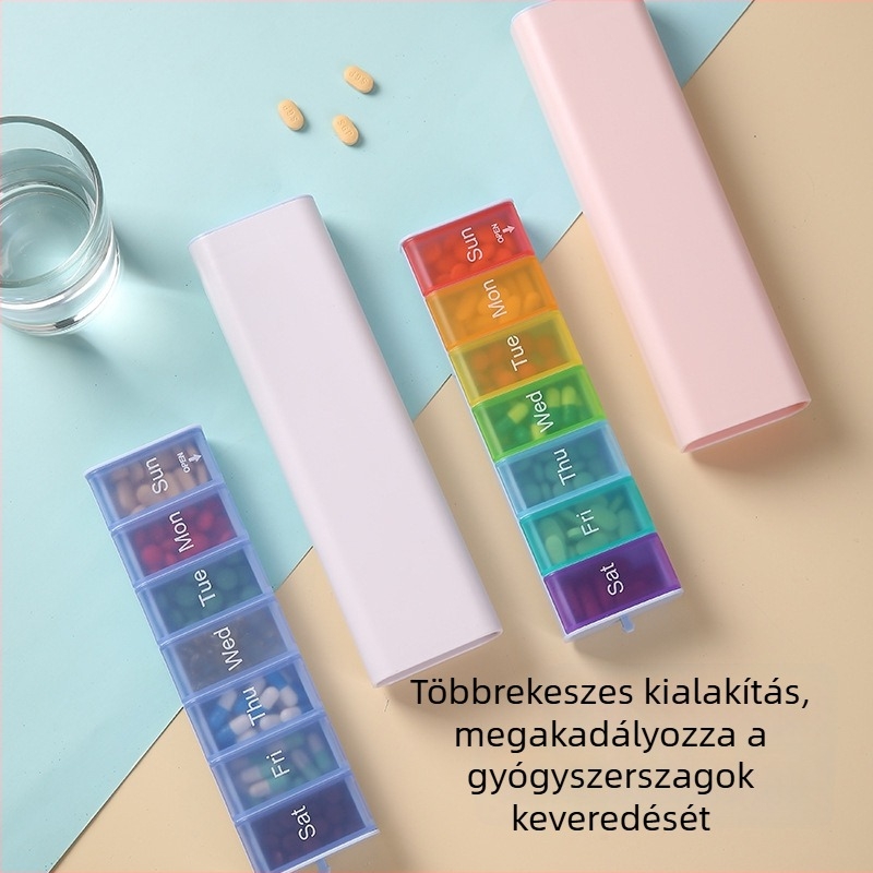 Új nyomógombos gyógyszeres doboz 7 rekesz, hordozható, nagy kapacitású egyhetes vitamin- és gyógyszer-tároló
