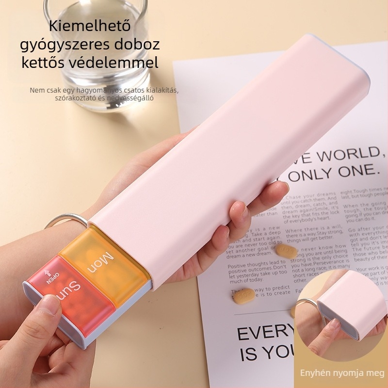 Új nyomógombos gyógyszeres doboz 7 rekesz, hordozható, nagy kapacitású egyhetes vitamin- és gyógyszer-tároló