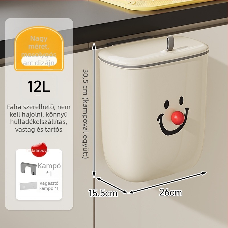 Konyhai falra szerelhető, nagy kapacitású szemetes, 12 literes, fedéllel, fúrás nélkül