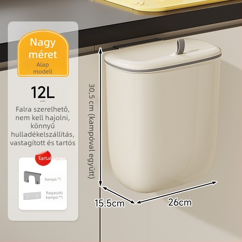 Konyhai falra szerelhető, nagy kapacitású szemetes, 12 literes, fedéllel, fúrás nélkül