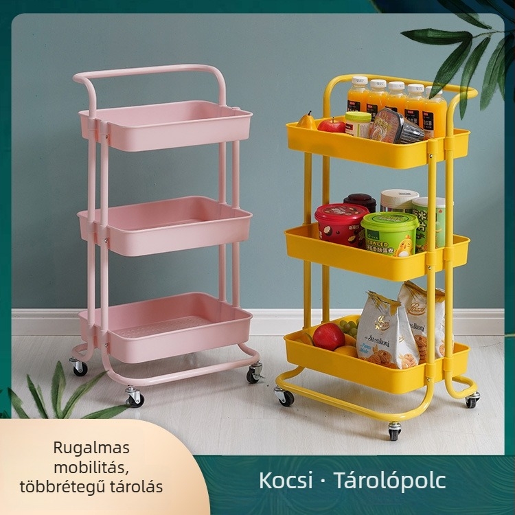 Háromszintes mobil tárolókocsi kerekekkel — több színű tároló fürdőszobába, konyhába és nappaliba