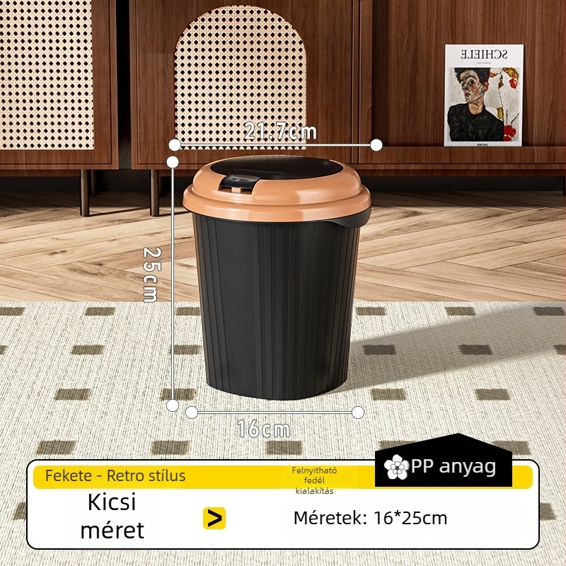 Nagy kapacitású háztartási szemetes, elegáns dizájnnal, hálószobába, nappaliba vagy irodába alkalmas, nyomásra nyíló fedéllel