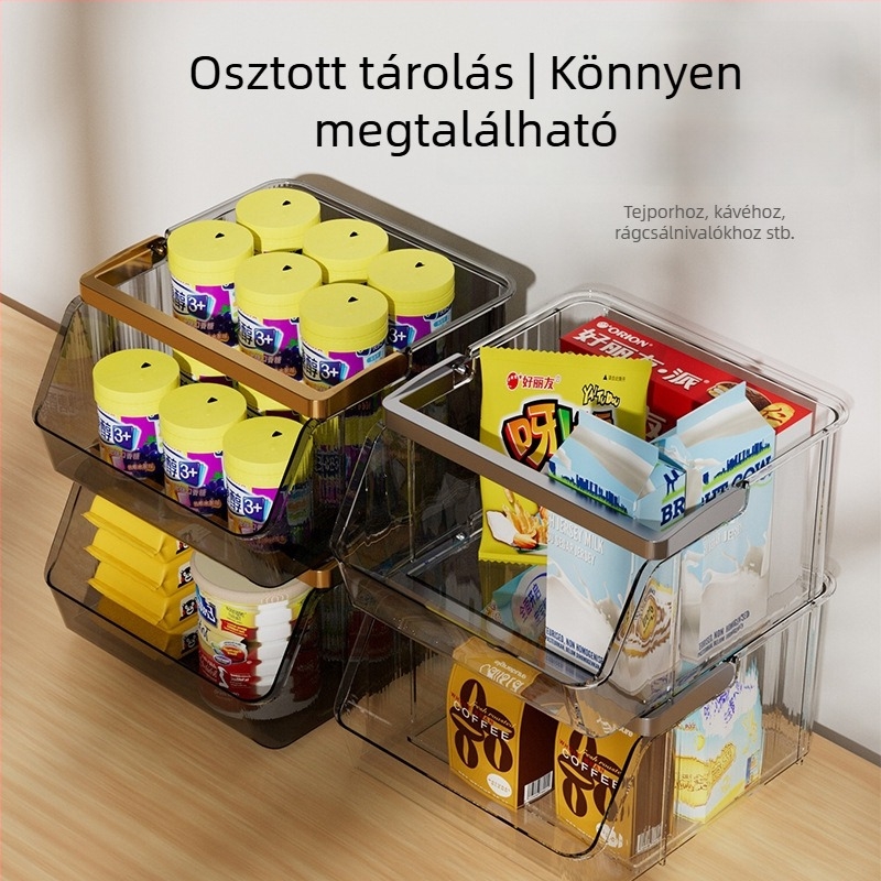 Nagy kapacitású asztali tároló doboz nassolnivalók és egyéb apróságok számára, stackelhető kivitel, kávé- és teafilterek tárolására.