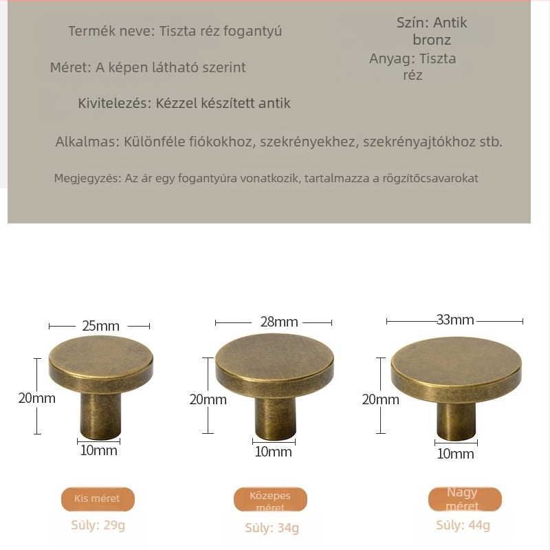 Tiszta réz fogantyú, retró kínai stílusú szekrényfogantyú, egylyukú szerelés, minimalist dizájn.