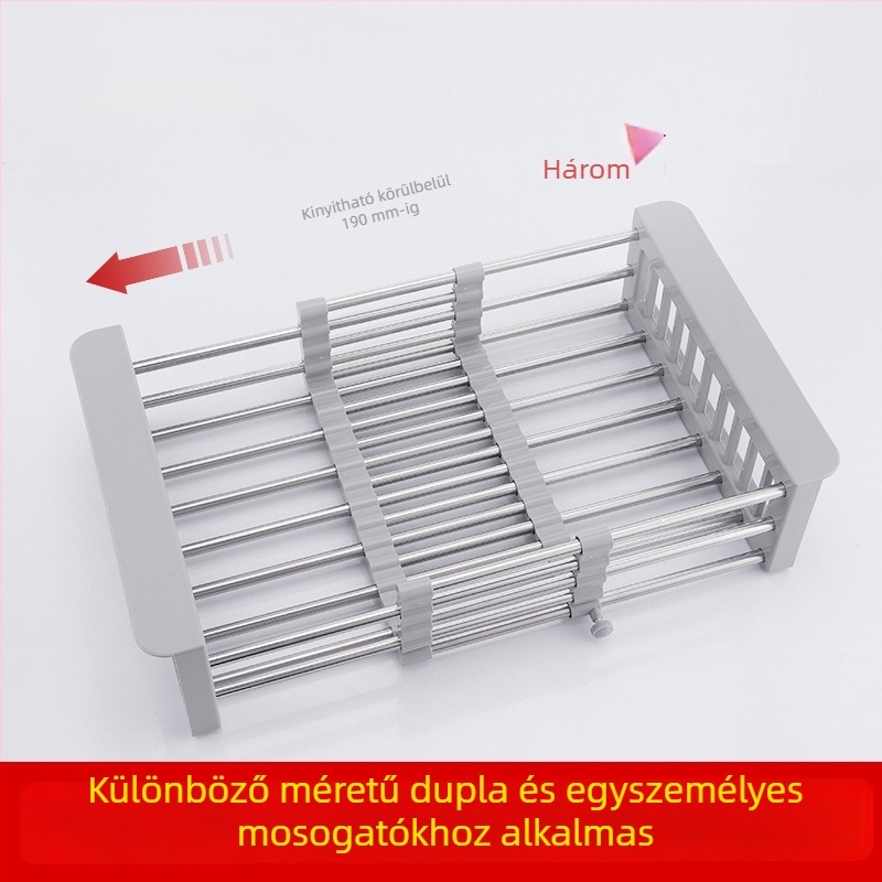 Konyhai teleszkópos mosogatótartó rozsdamentes acélból, multifunkcionális mosogatószervező, lecsöpögtető kosár zöldségeknek és gyümölcsöknek