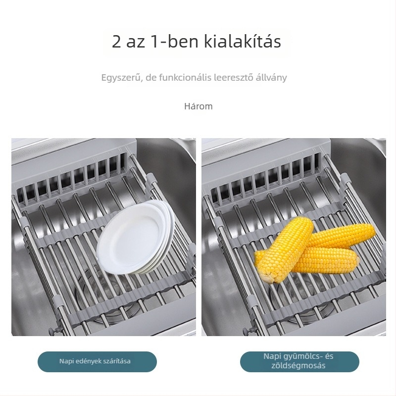 Konyhai teleszkópos mosogatótartó rozsdamentes acélból, multifunkcionális mosogatószervező, lecsöpögtető kosár zöldségeknek és gyümölcsöknek