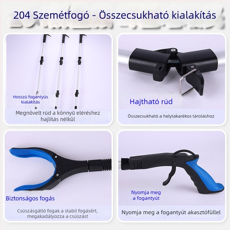 204 Háromrészes szemétfogó fogó hosszú nyelével, köztisztasági dolgozók számára, ergonomikus