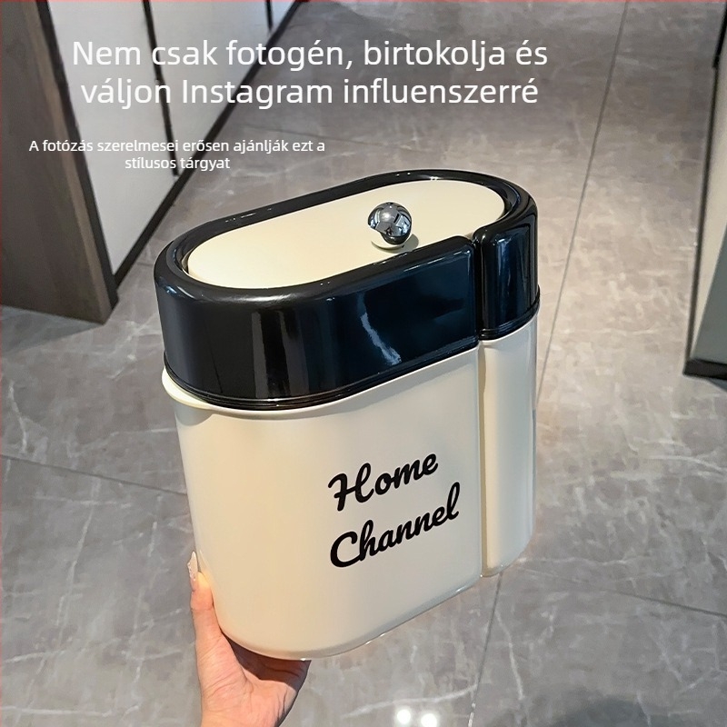 Ovalis alakú szemetes fedővel, nagy kapacitású, nyomásra nyíló tetővel, fürdőszobába, nappaliba vagy hálószobába