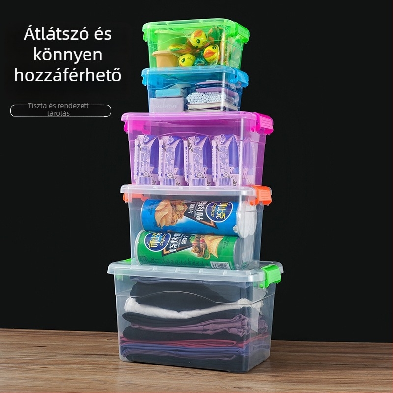 Műanyag asztali tároló doboz, átlátszó rendező ruhákhoz és játékokhoz, fedéllel