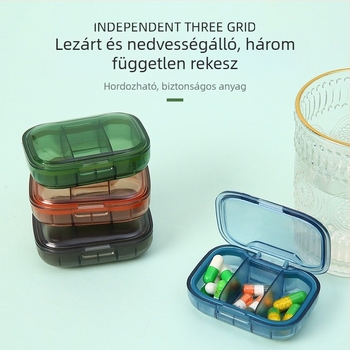 Három rekeszű hordozható gyógyszeres doboz fedővel, reggel, délben és este