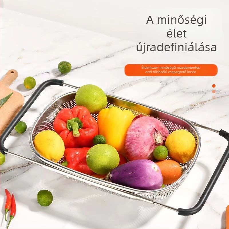 Rozsdamentes acélból készült teleszkópos lefolyókosár mosogatóhoz — rizsöblítéshez és edények szárításához