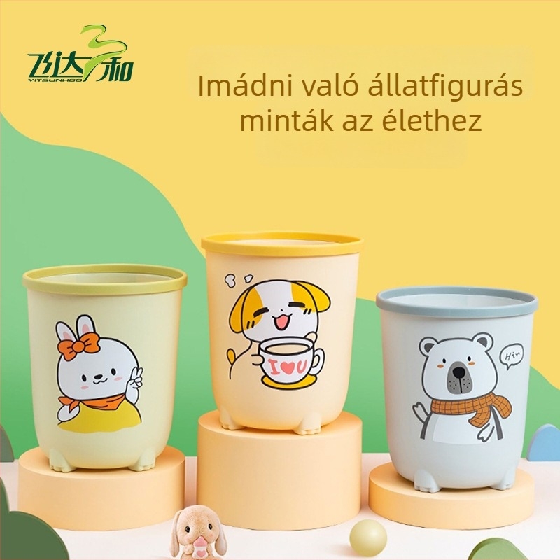 Műanyag szemetes, rajzfilmszerű dizájnnal, 8 L, hordó alakú, fedél nélküli, otthoni használatra – nappali vagy hálószoba
