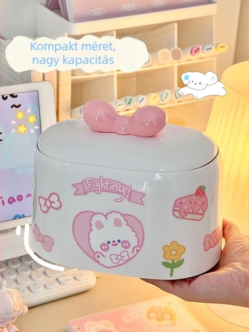 Kis, négyzet alakú műanyag asztali szemetes, aranyos mesefigurás lány motívummal.