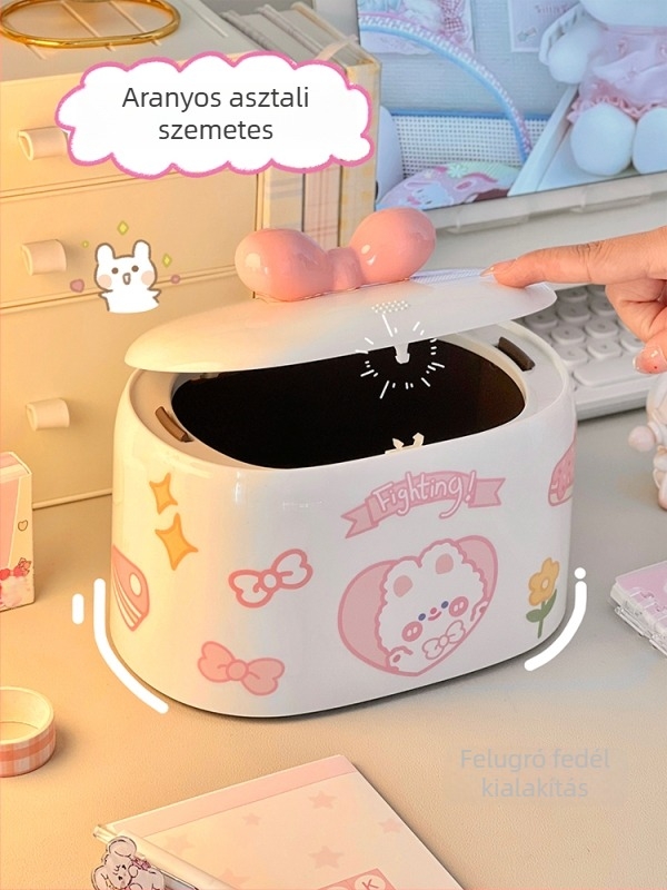 Kis, négyzet alakú műanyag asztali szemetes, aranyos mesefigurás lány motívummal.