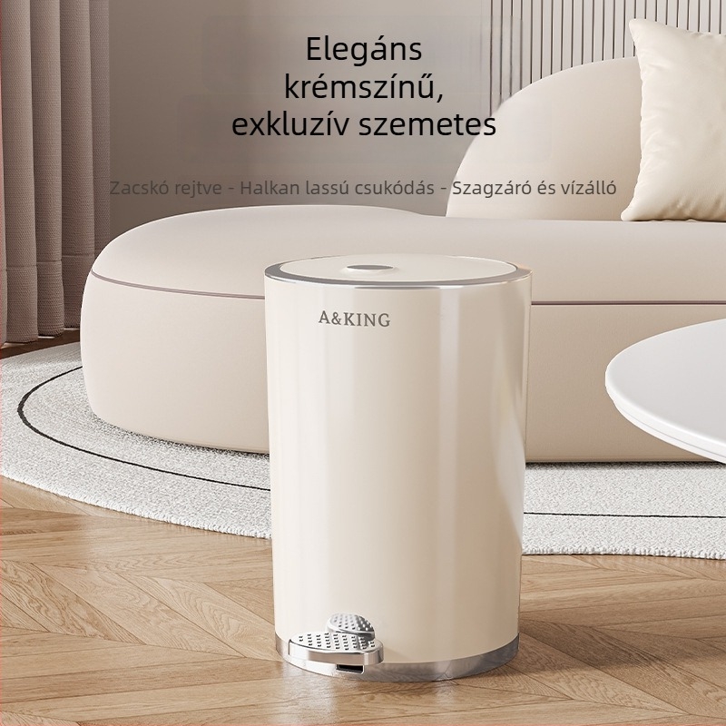 Krémszínű pedálos szemetes fedővel, 10 L, nappaliba, konyhába és fürdőszobába