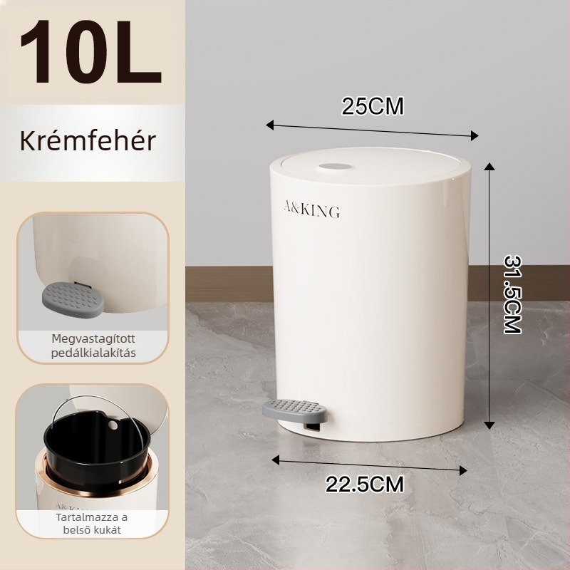 Krémszínű pedálos szemetes fedővel, 10 L, nappaliba, konyhába és fürdőszobába
