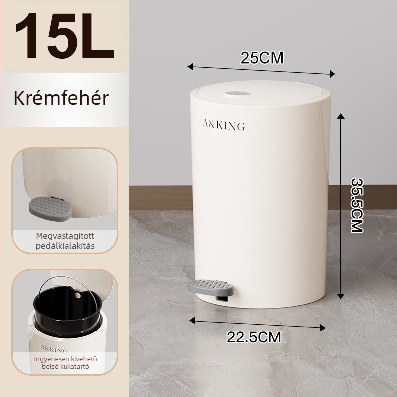 Krémszínű pedálos szemetes fedővel, 10 L, nappaliba, konyhába és fürdőszobába