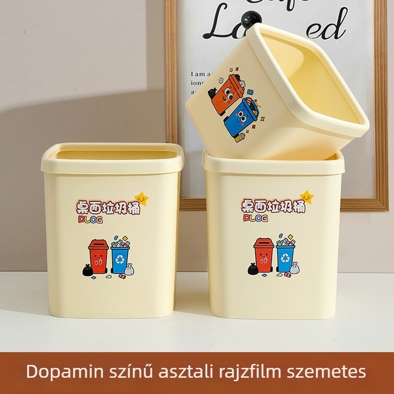 Asztali négyszögletes műanyag szemetes fedél nélkül, szelektív ürítésre, nyomógyűrűvel, mini nappali szemetes