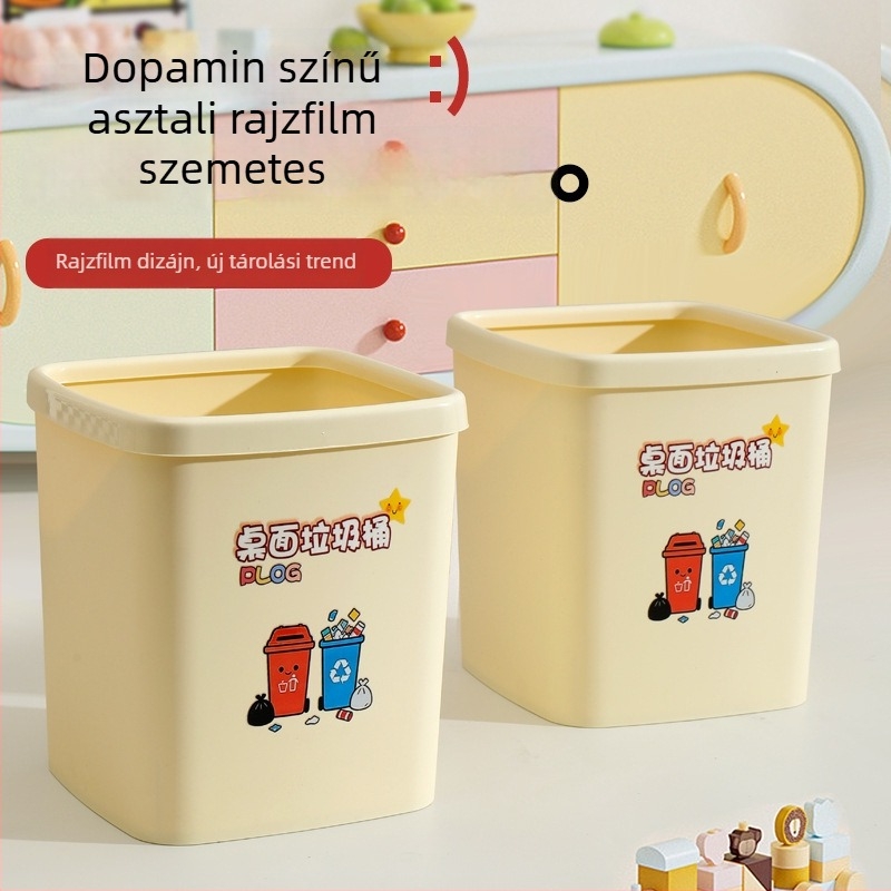 Asztali négyszögletes műanyag szemetes fedél nélkül, szelektív ürítésre, nyomógyűrűvel, mini nappali szemetes