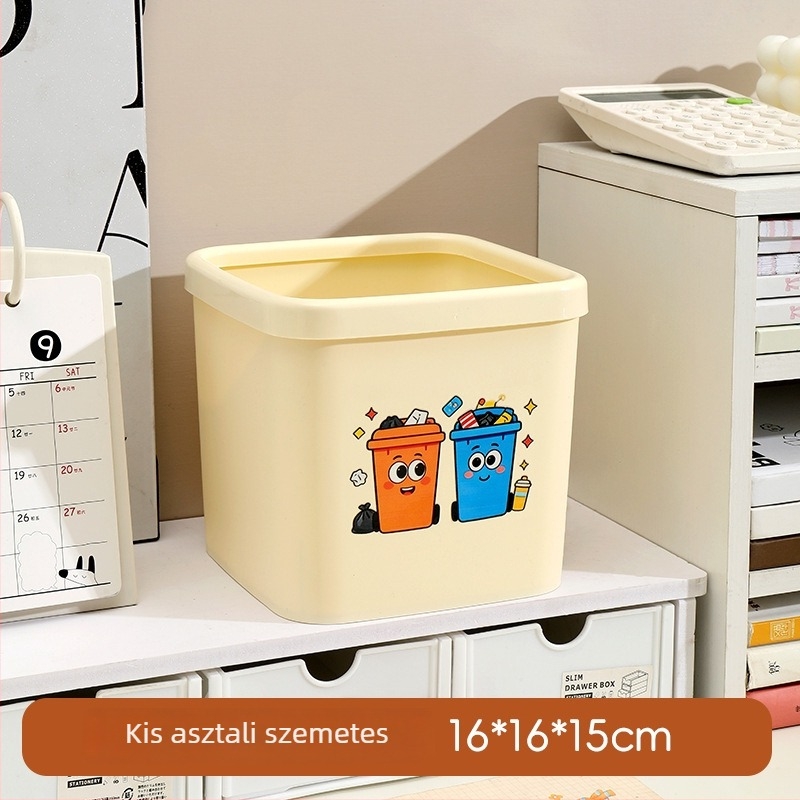 Asztali négyszögletes műanyag szemetes fedél nélkül, szelektív ürítésre, nyomógyűrűvel, mini nappali szemetes