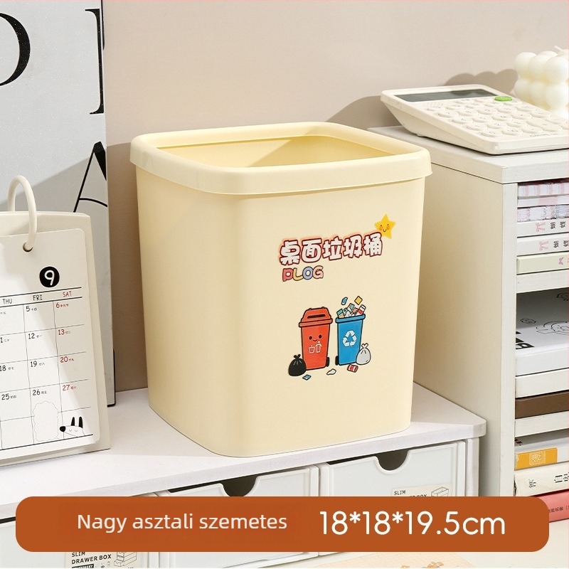 Asztali négyszögletes műanyag szemetes fedél nélkül, szelektív ürítésre, nyomógyűrűvel, mini nappali szemetes