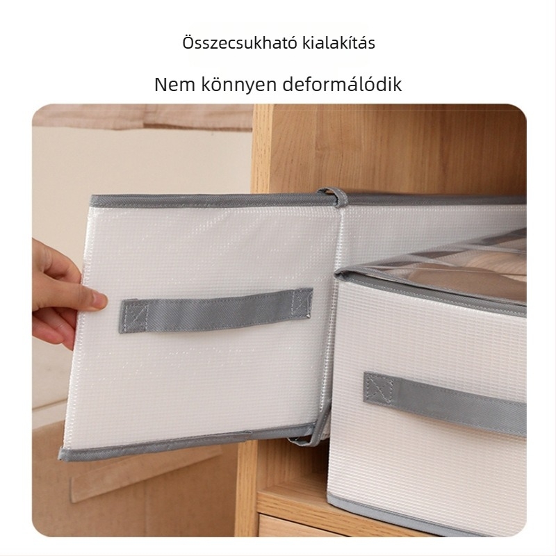 PP panelből készült ruhatartó doboz fedéllel, összecsukható rekeszekkel ruhákhoz és farmerokhoz, méretek 42×26×20 cm