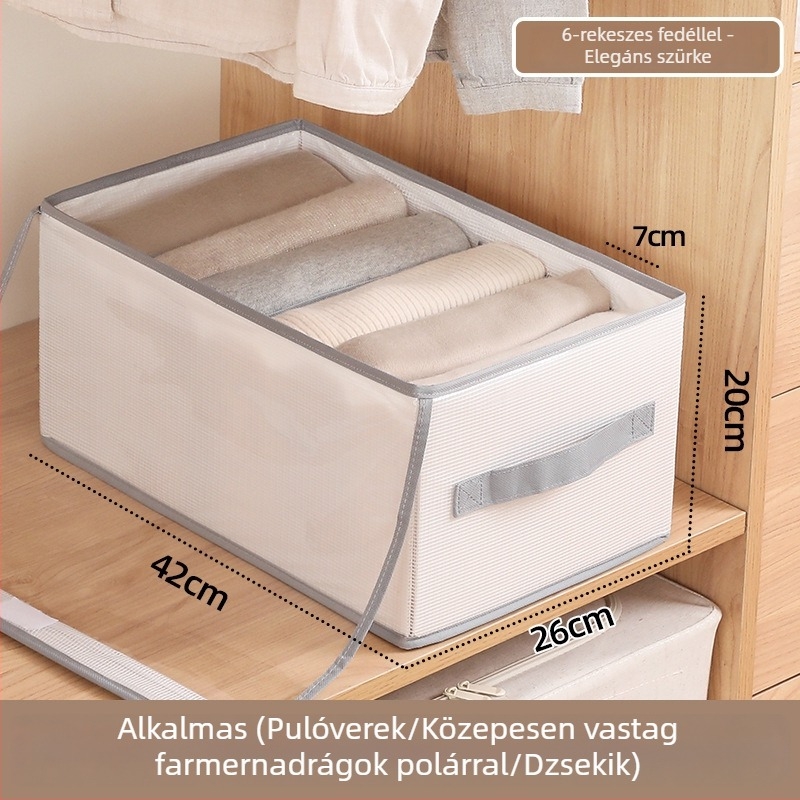 PP panelből készült ruhatartó doboz fedéllel, összecsukható rekeszekkel ruhákhoz és farmerokhoz, méretek 42×26×20 cm