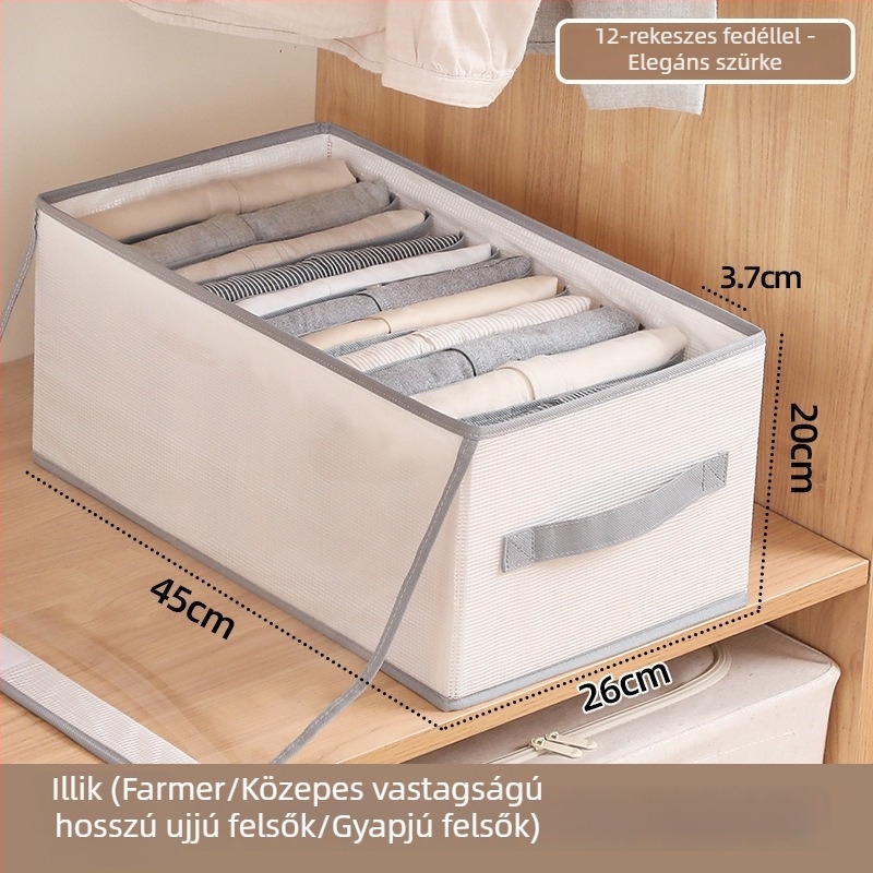 PP panelből készült ruhatartó doboz fedéllel, összecsukható rekeszekkel ruhákhoz és farmerokhoz, méretek 42×26×20 cm